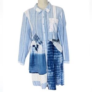 Terra & Sky Boho Tie Dye Patchwork Striped Button Up Tunic Top Shirt